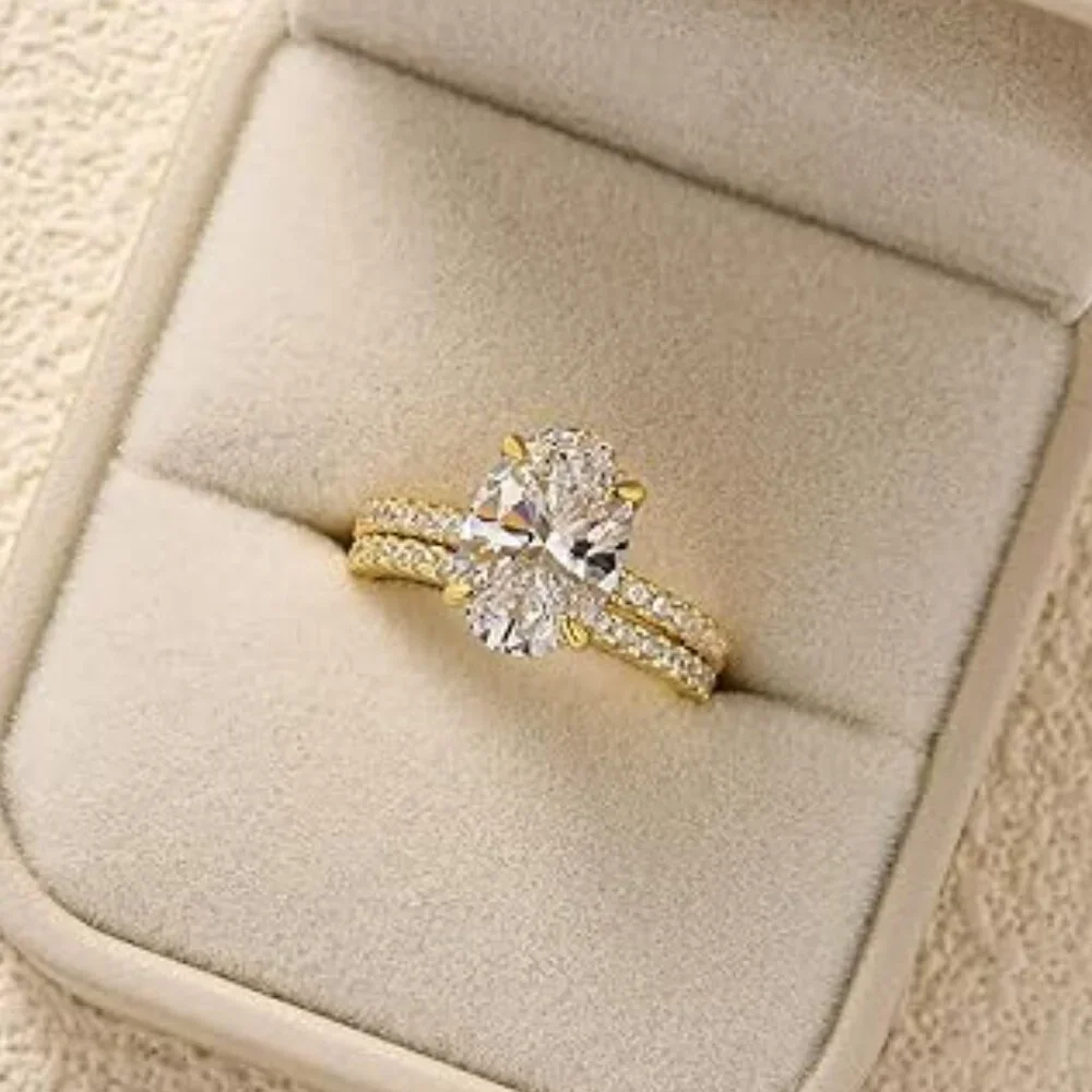18K Yellow Gold 3.5ct Oval Diamond Ring Set 925 Sterling Silver Wedding Bridal